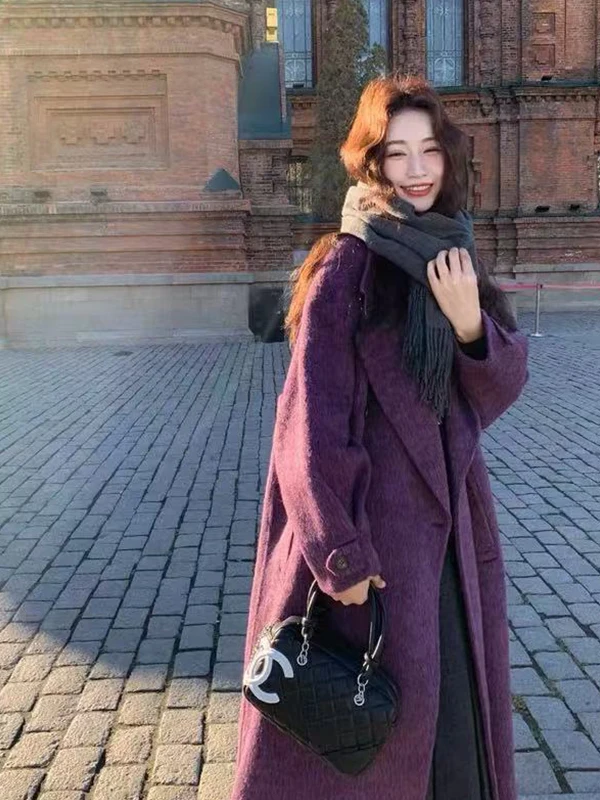 

plus Size 300 Pou Women's Purple Woolen Coat Loose Fit Lapel Winter Faionable Outerwear Korean Sle Casual Long Sve