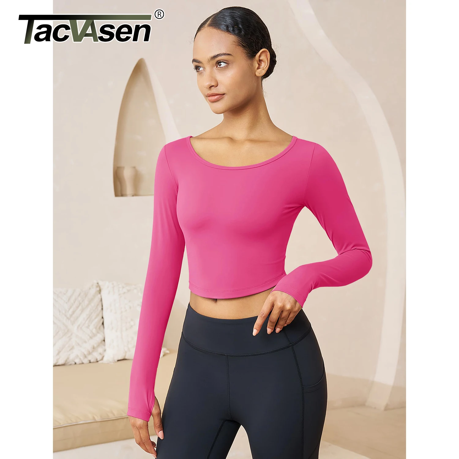 TACVASEN Women's Fitness Long Sleeve Workout Top High-Intensity Yoga Running Gym Cropped 16