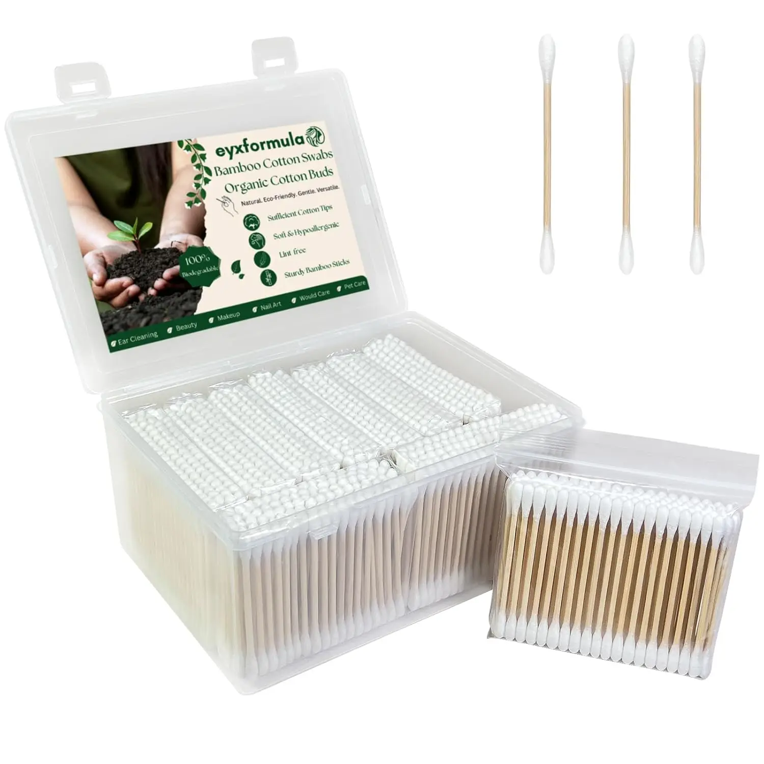 

1000 Count Organic Cotton Swabs, Double Tips Biodegradable Cotton Buds with Sturdy Bamboo Sticks for Ear Cleaning, Makeup, Hygie