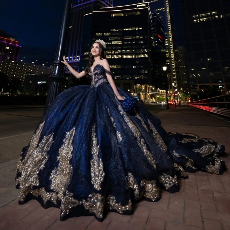 

Navy Blue Ball Gown Quinceanera Dresses Gold Applique Lace Beading Tull Corset Off The Shoulder Sweet 16 Dress vestidos 15 De