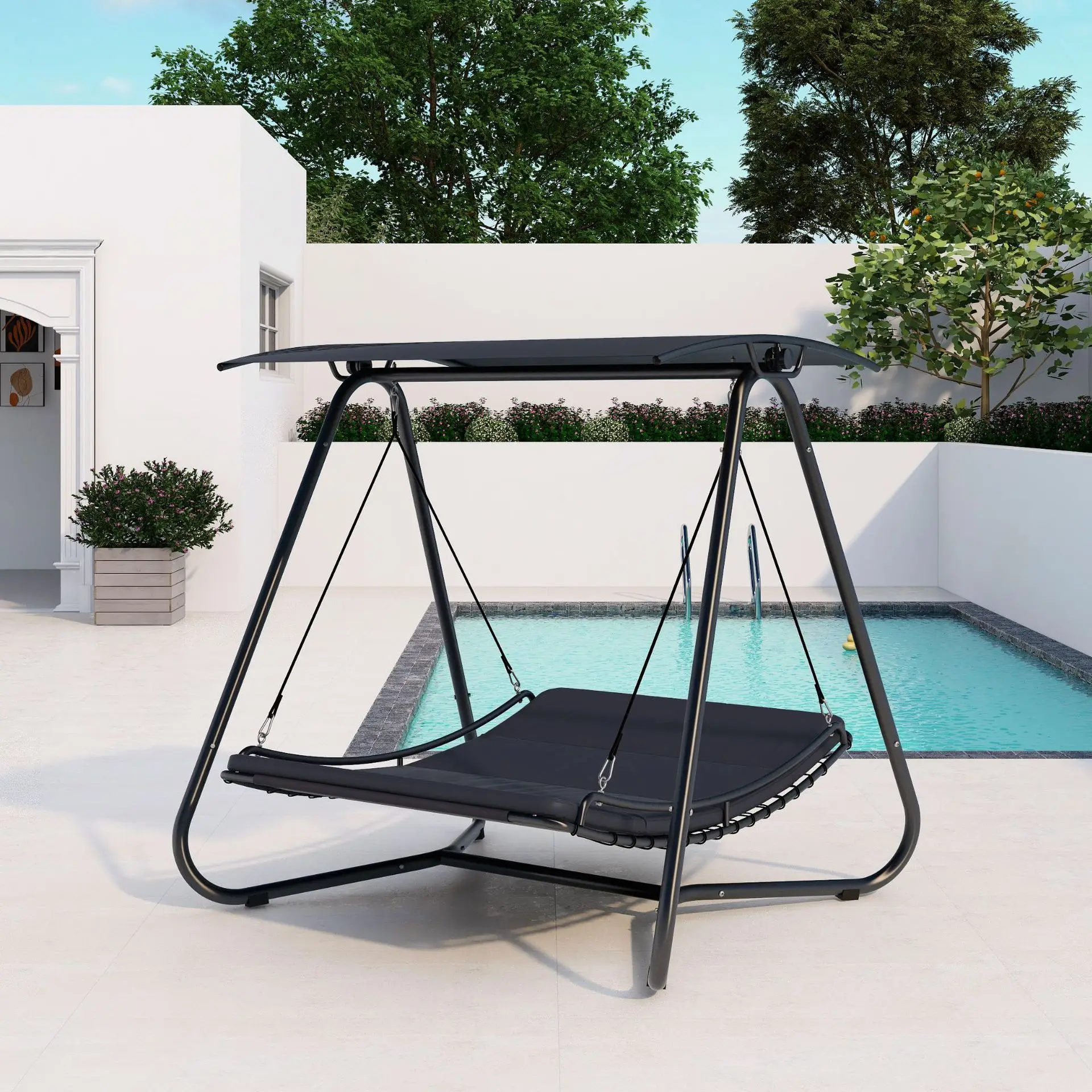 2026 Modern Iron Outdoor Furniture Swing Rocking Chair with Sunshade for Patio Garden Villa (2-Person Non-Waterproof Cushion)pro