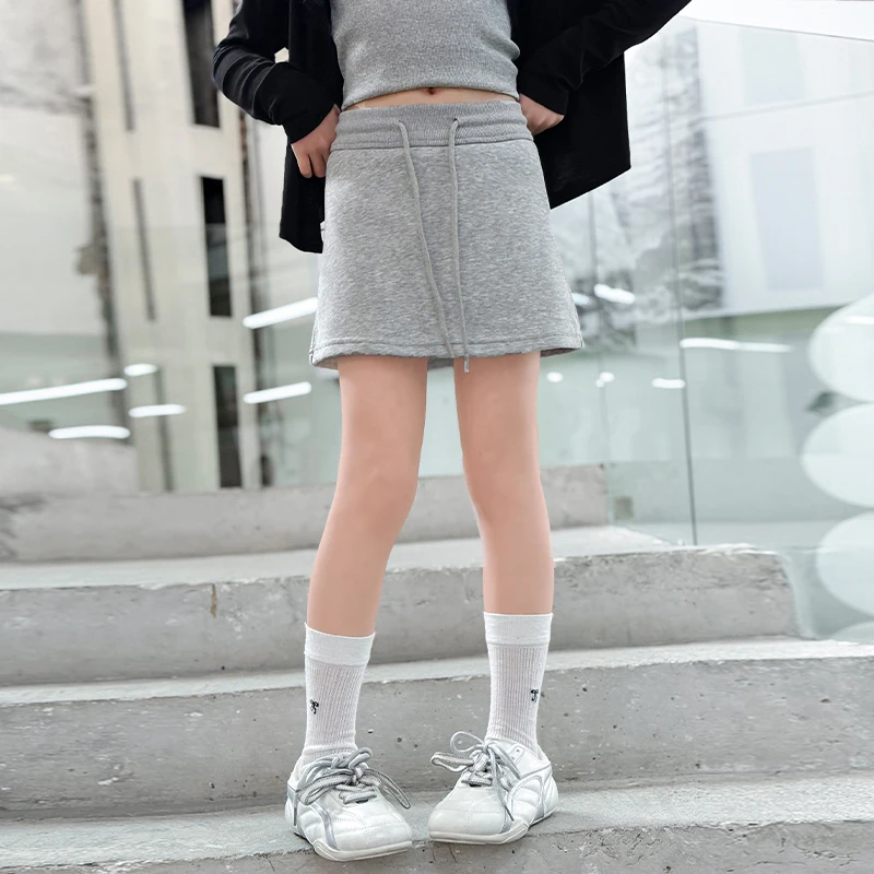 Child Fashion Design High Waist Mini Pencil Skirt for Tween Girls Sexy Streetwear Kids Solid Color Cotton Drawstring Skirt 5-14Y