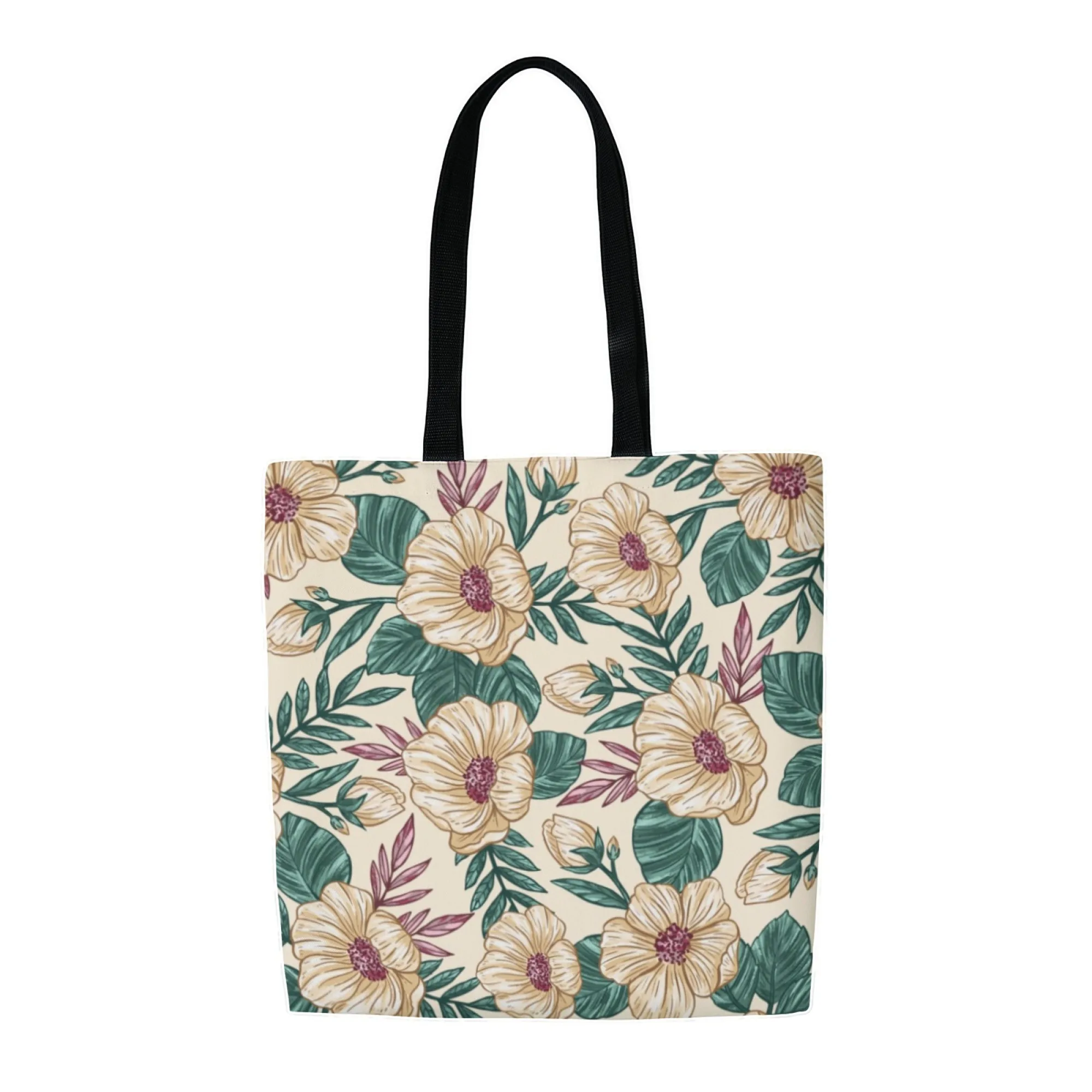 حقيبة كتف كاجوال كلاسيكية من القماش بنقشة الزهور باللون البيج النباتي حقيبة كتف للنساء حقيبة تسوق حقيبة يد متينة للعمل اليومي