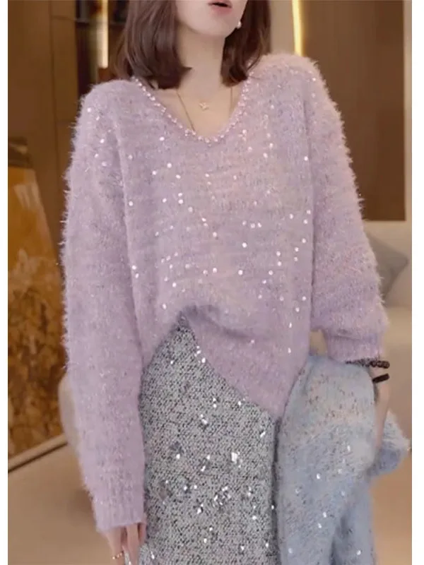 

Purple V-Ne Sweater Women's Spring Lazy High-End Sensation Anti-Aging Slimming Faionable Sequin Inner Knitted Top