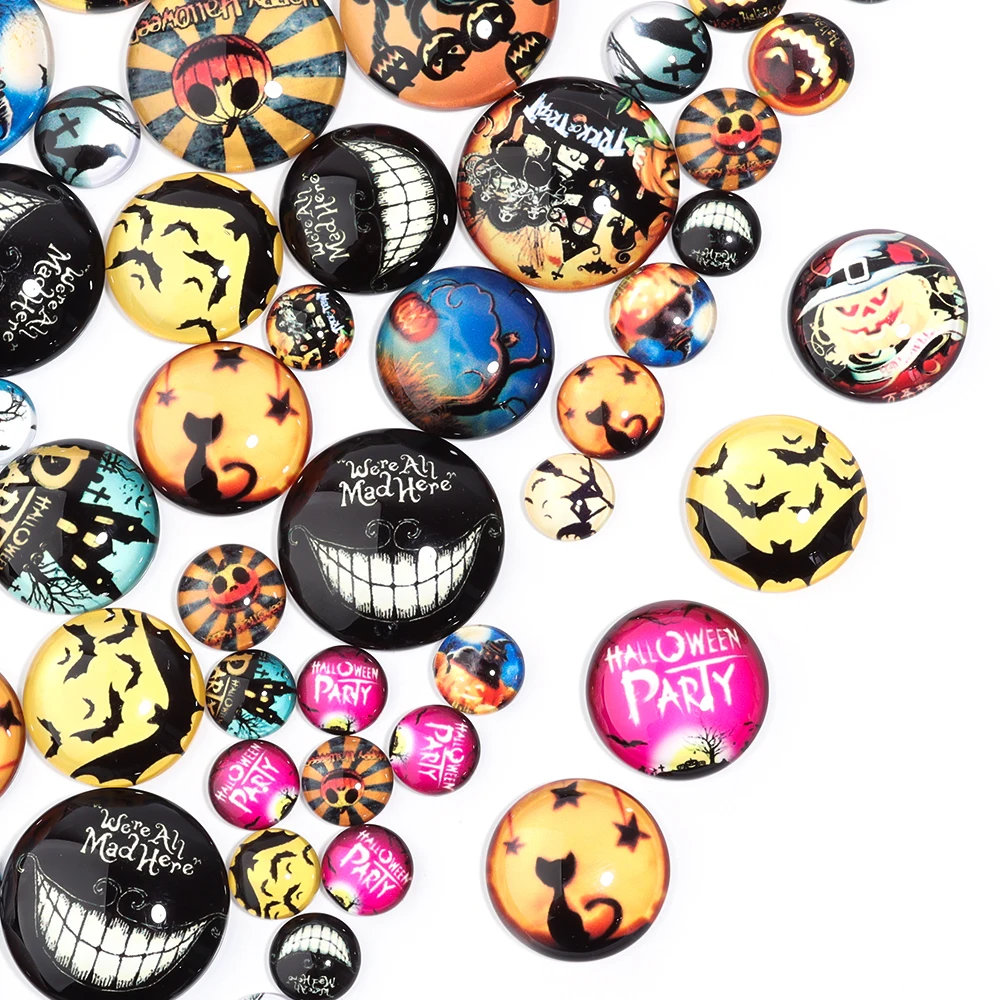 10 Stück Halloween-Glas-Cabochon-Perlen, 10, 12, 20, 25 mm, runde flache Rückseite, lose Perlen für Schmuckherstellung, DIY-Handwerk, Anhänger, Ring, Geschenke