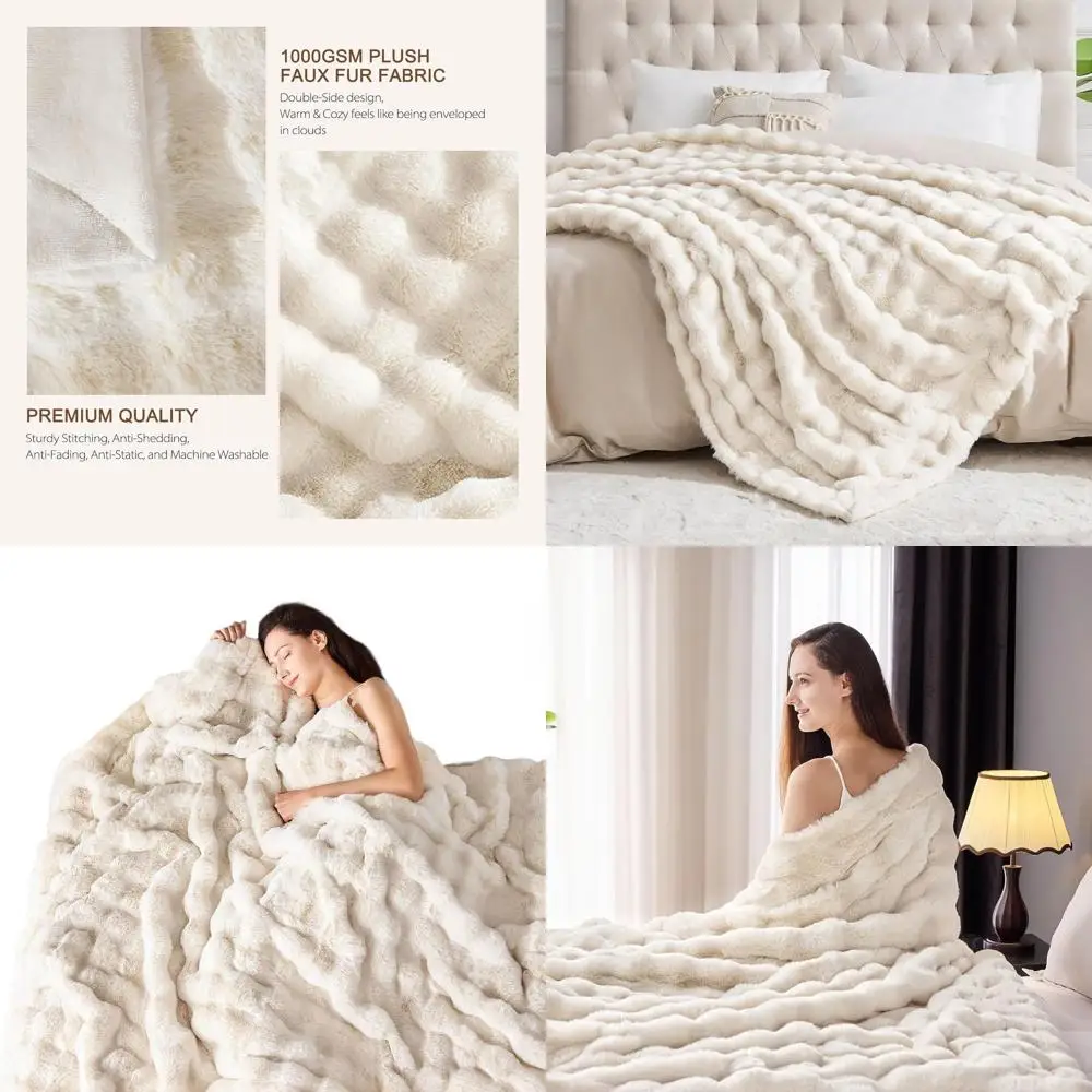 

High-Density 1000GSM Faux Rabbit Fur Blanket, Luxurious Plush Cozy Cover for Couch, Bed, and Sofa, Reversible Mink-Style Soft Th