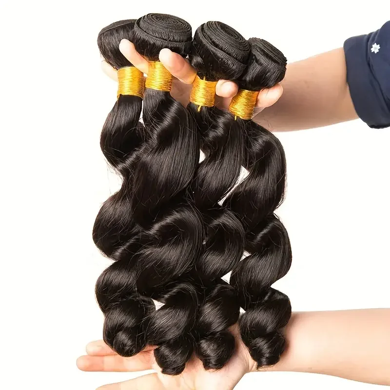 Tissage en lot brésilien naturel ondulé avec closure, extensions de cheveux, lots de 3