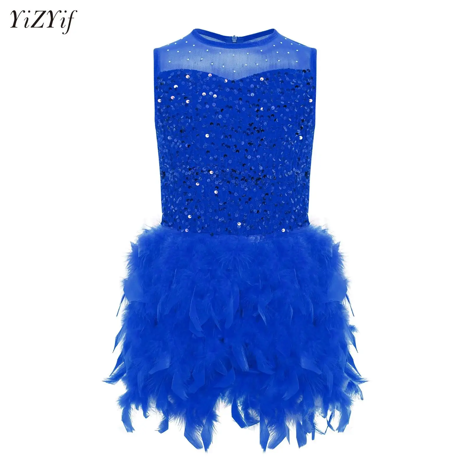 

Girls Performance Party Figure Skating Dance Tutu Dress Jazz Latin Dance Ballet Leotard Sheer Mesh Sequins Feather Velvet Dress