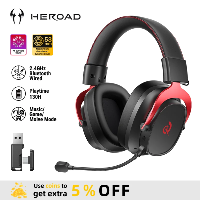 QCY Heroad VT200 H8GM Игровые наушники, три режима подключения, полноразмерные, объемный звук 7.1, 53-мм драйверы, Bluetooth 6.0, съемный микрофон для ПК/PS5/Switch