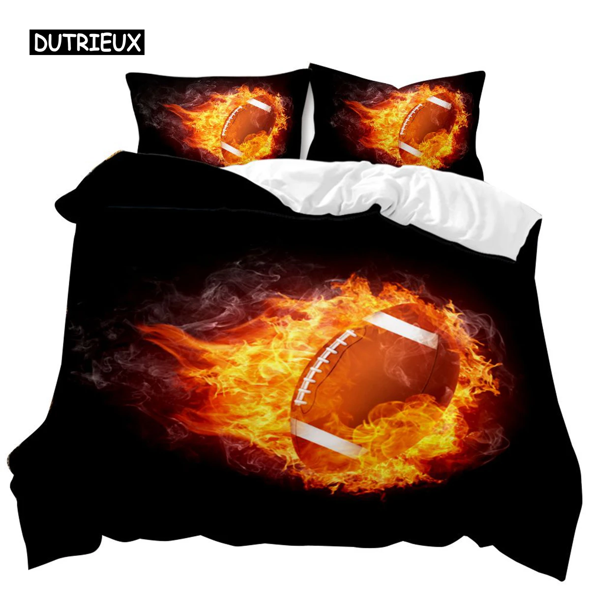 Football Duvet Cover Set Football with Fire Youth Sports Teens Bedding Set Football Double Queen King Size Polyester Qulit Cover