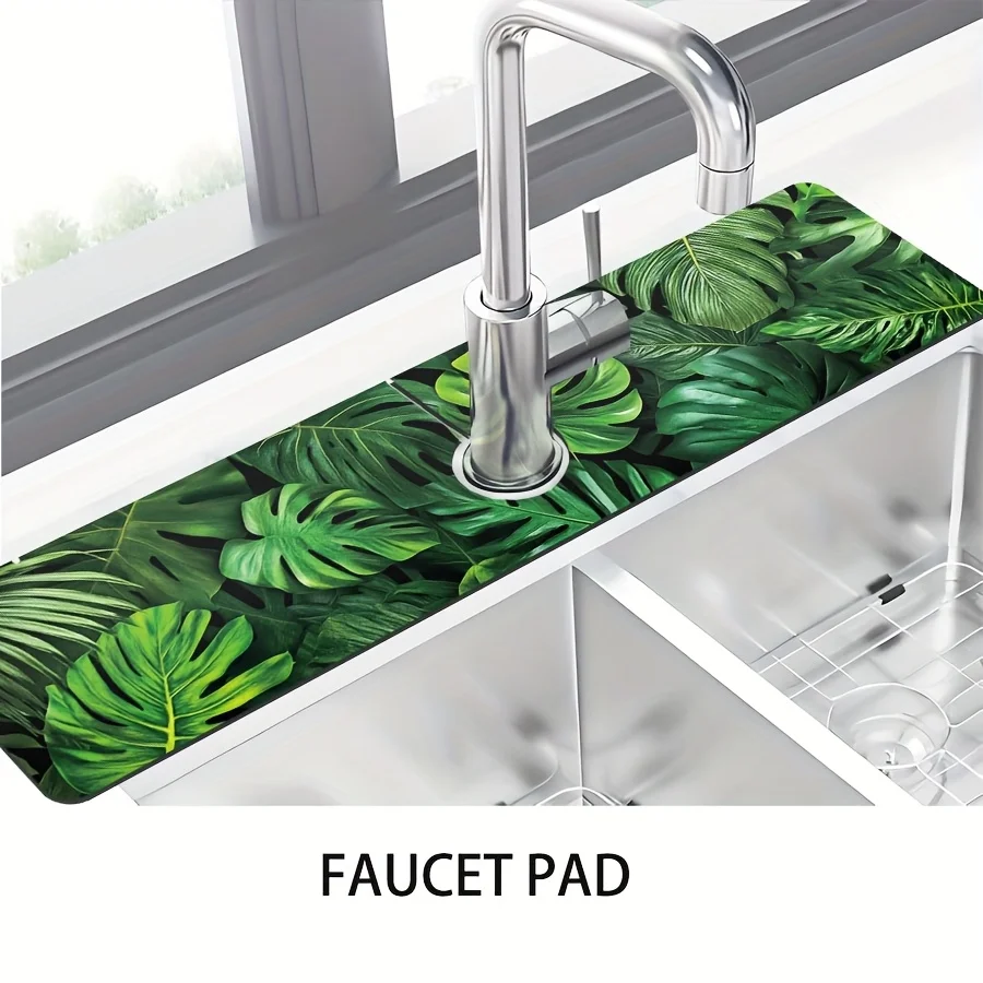 VIKAMA Faucet Mat Green Monstera Leaf Water Droplet Faucet Mat Keep Kitchen Fresh Vibrant Drying Mat Bathroom Toilet Faucet Mat