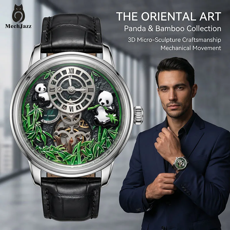 Panda 3D Dial Men's Automatic Mechanical Watch, 316L Stainless Steel Case, Sapphire Crystal, 30M Waterproof Men's Wristwatch