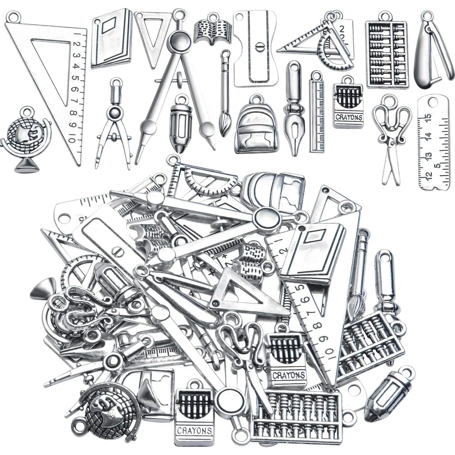 

40pcs Craft Supplies Antique Silver School Teacher Charms Pendant Ruler Pencil Compasses Charm Pendants for DIY Jewelry Making