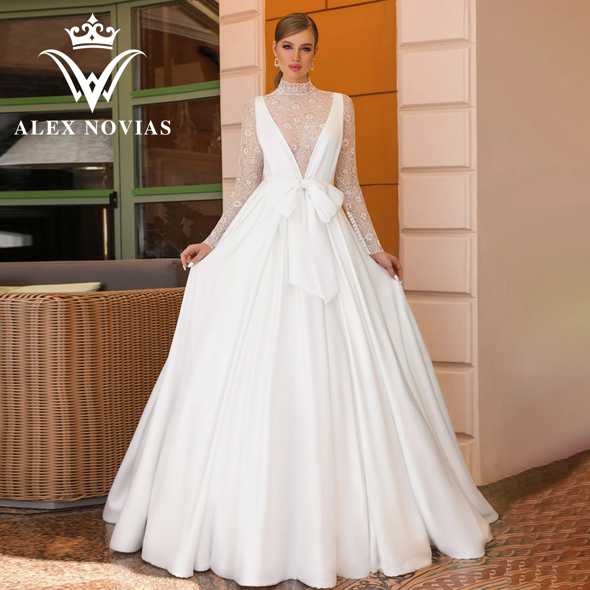 ALEX NOVIAS Ball Gown Wedding Dresses With Jacket Bow 2023 V-neck Floral Print Lace Satin Wedding Gown Vestido Novias De Saten