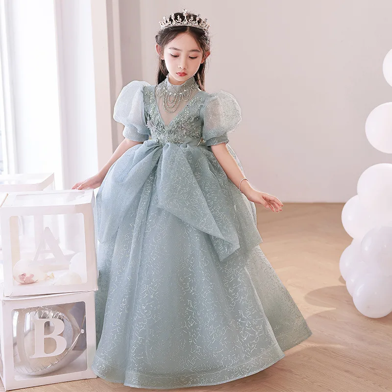 Grey Girls' Evening Gown Piano Performance Costume Little Girl's Fluffy Gauze Children's Birthday Princess Dress