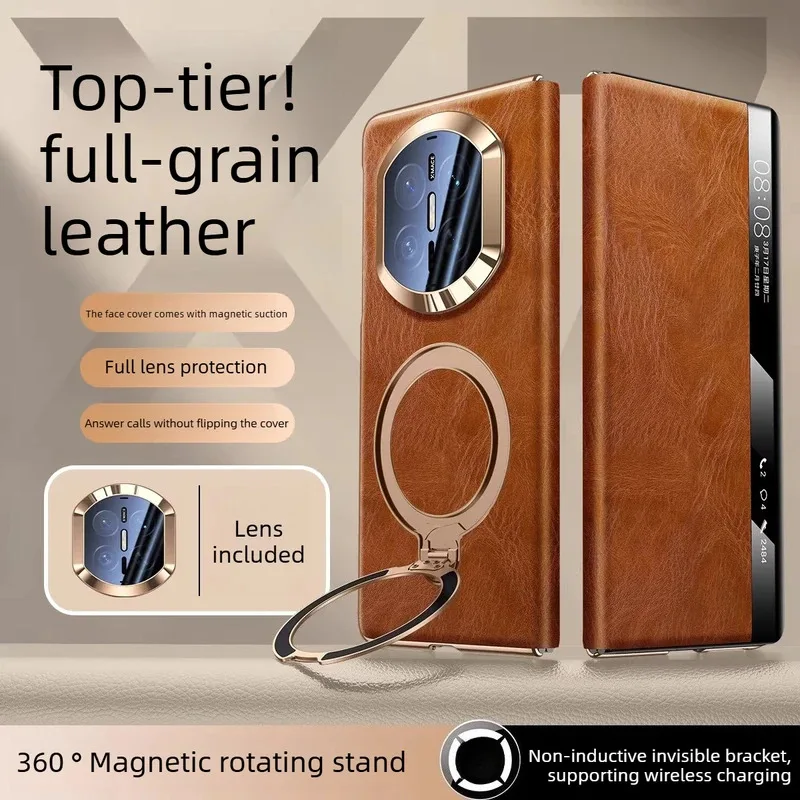 

Luxury Genuine Leather For Huawei Mate X7 Magnetic Smart Display Lens Protection Phone Case For Mate X6/X5/X3