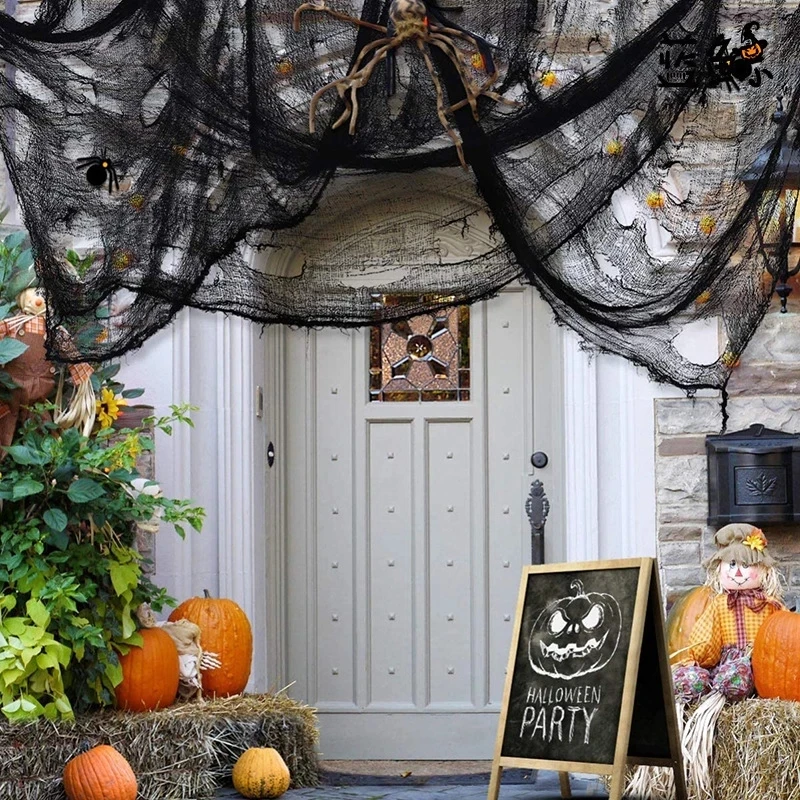 Halloween Black Grid Yarn Cloth Outdoor Hanging Ornament Haunted House Horror Props Halloween Festival Party Decoration For Home