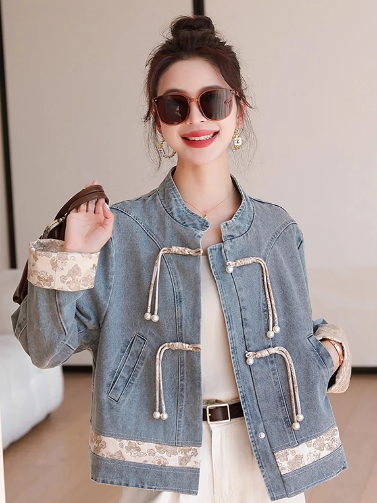 

Ele уникальный дизайн, атласное повседневное джинсовое пальто с цветочной вышивкой и уникальным дизайном, весна 202, новое китайское джинсовое пальто