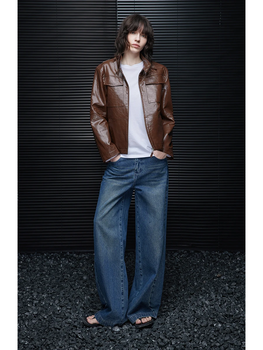 

ort Leather Jaet Women's Stand Collar Street Sle PU Leather Coat Autumn Faionable Slim Fit High Waist Versatile