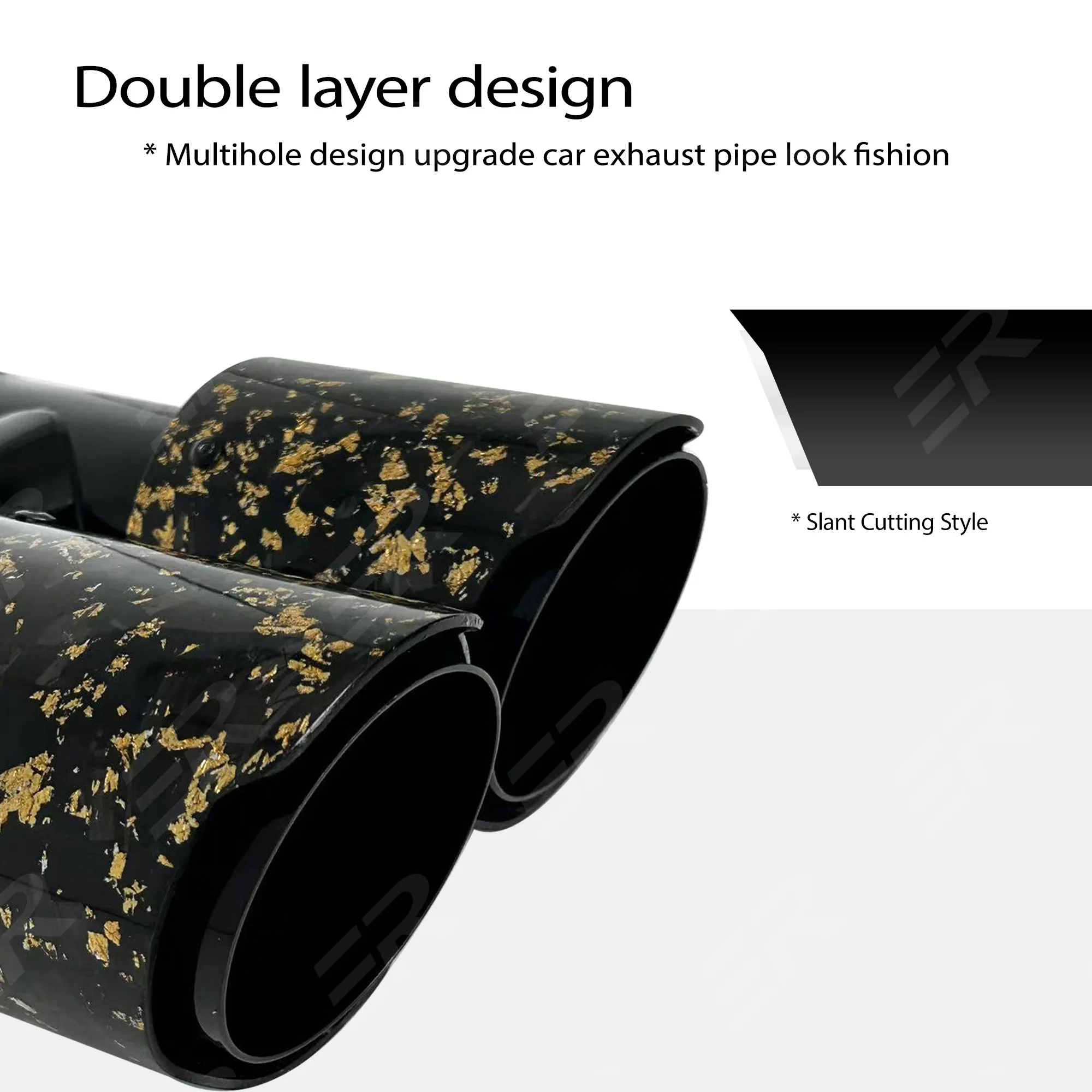 ER منفذ مزدوج العادم تلميح حقيقي لامع ألياف الكربون وعاء من الستانليس الأسود تعديل أنبوب كاتم صوت السيارات لتزيين السيارة #4