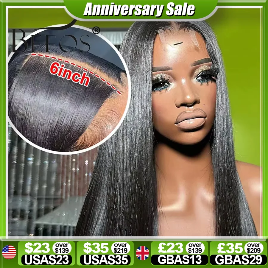 BEEOS-Jet Black Straight Lace Encerramento Peruca, Pré-Arrastado Cabelo Humano, Peruca Glueless, Pronto para Vestir, HD, 2x6