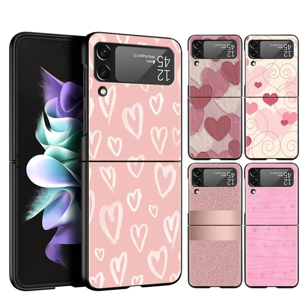 Capa de telefone Glitter Hearts para Samsung Galaxy Z Flip, capa rígida para PC, ouro, rosa, rosa, 3, 4, 5 Shell