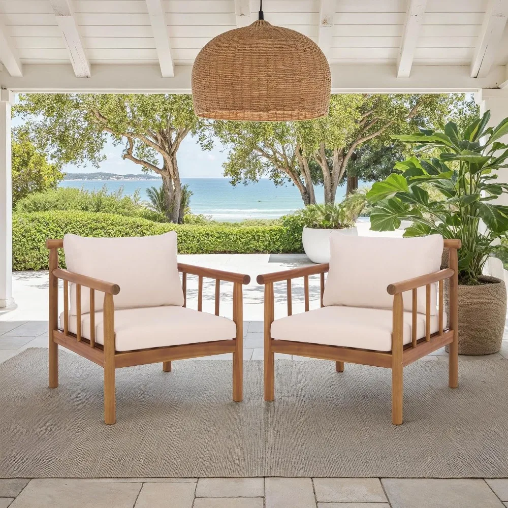 Outdoor Patio Furniture Collection - Teak Solid Wood Accent Chairs with Cushioned Modern Seating