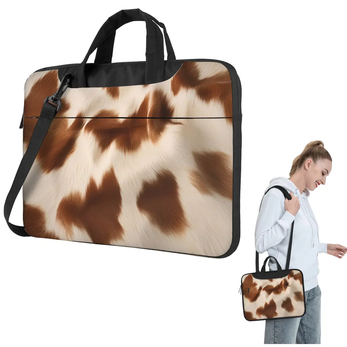 Stylish Cow Fur Cowhide Texture Cow Skin Print Patter Crossbody Laptop Bag Case  13 14 15.6 Inch Notebook Pouch for Lenovo