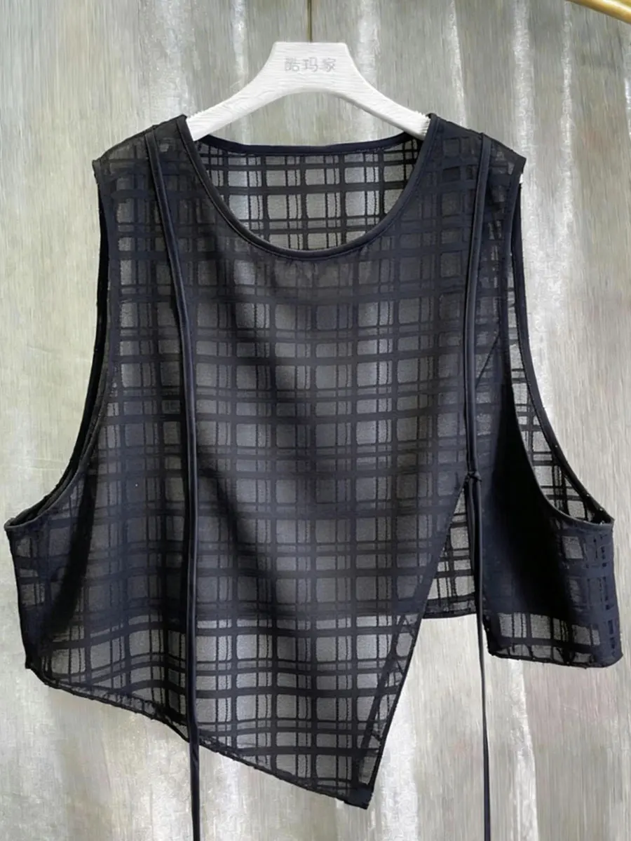Lace Mesh Vest Top Women Spring Summer Outerwear Loose Thin Shoulder Wrap Shirt Korean Style Commute Style Polyester Fabric