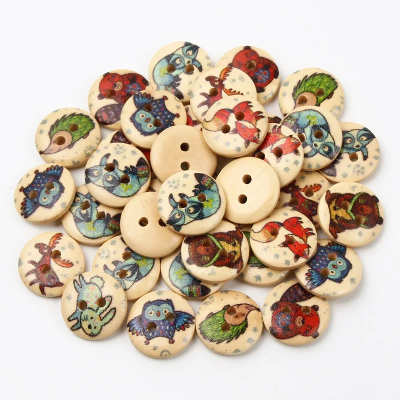 50pcs 15mm Lovely Fox Bear Owl Pattern 2Hole Wood Buttons For Clothing Needlework Scrapbook Decoration Crafts Sewing Accessories