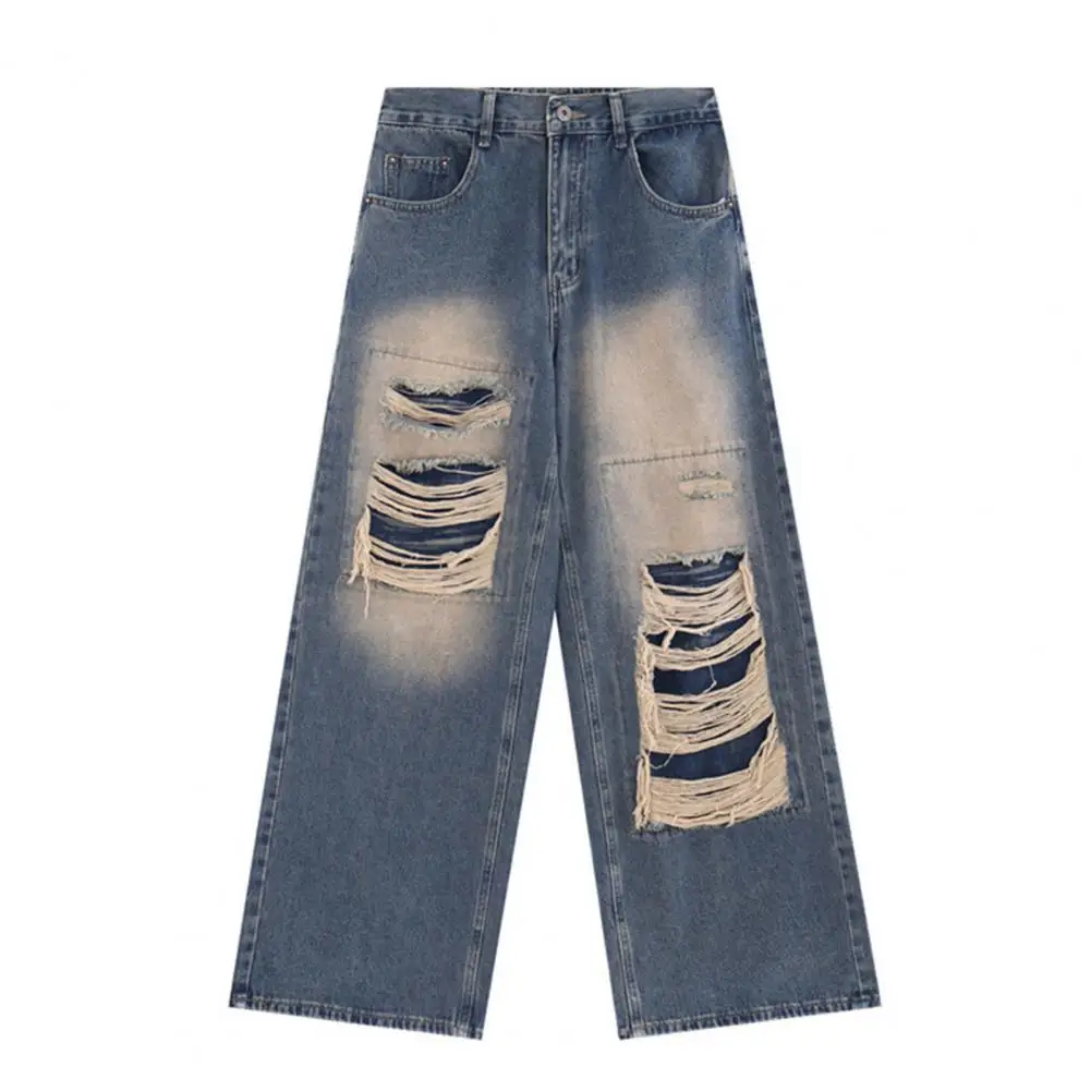 Jeans de perna larga vintage de cintura alta feminino com buracos rasgados, estilo gótico com ajuste reto Hip Hop, jeans angustiado