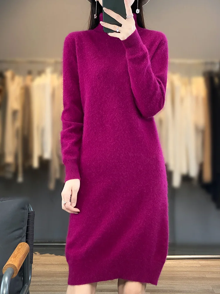 Aliselect 100% Mink Cashmere Knitted Dress Women High Lapel Fasion Sweater Pullover Turn-down Collar Cashmere Knee Length Dress