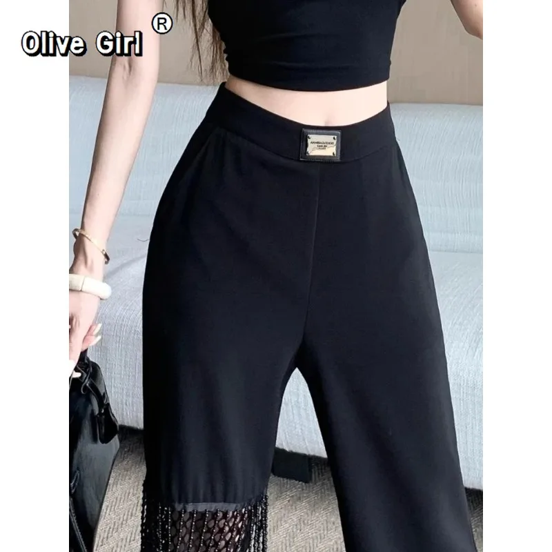 Olivegirl pantalon noir maille grille épissage évider pantalon Sexy jambe large pantalon femmes été gland clouté taille haute plancher