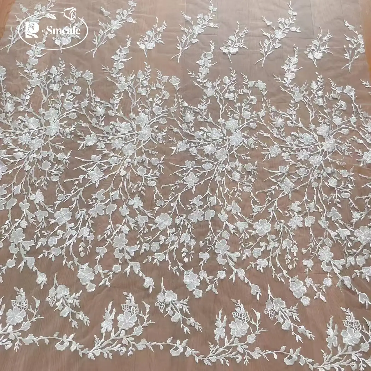 Embroidered Flower Twig Dress Lace Mesh Fabric, white, RS2562