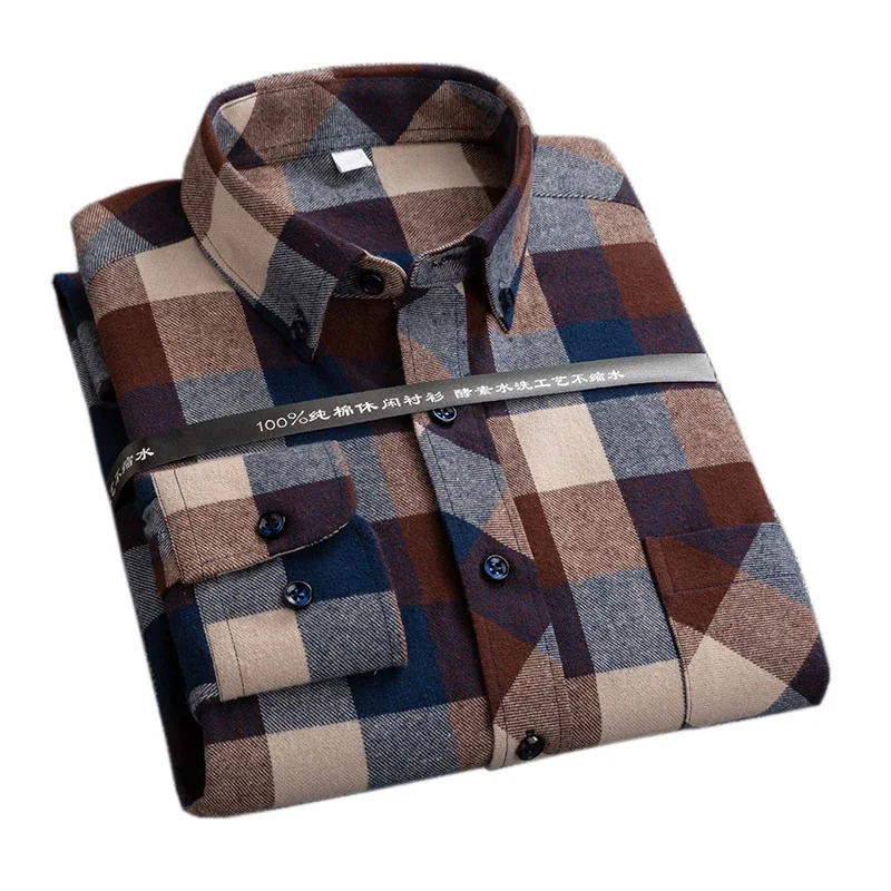 New Plaid Shirts for Male Plus Size Leisure Mens 100% Cotton Winter Warm Flannel Casual Checkered Over Size Shirt Long Sleeve