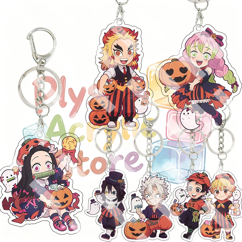 Halloween Anime Demon Slayer  Pumpkin Ghost Theme Acrylic Keychain Nezuko Obanai Tanjiro Zenitsu Party Pendant Hanging Gifts Toy