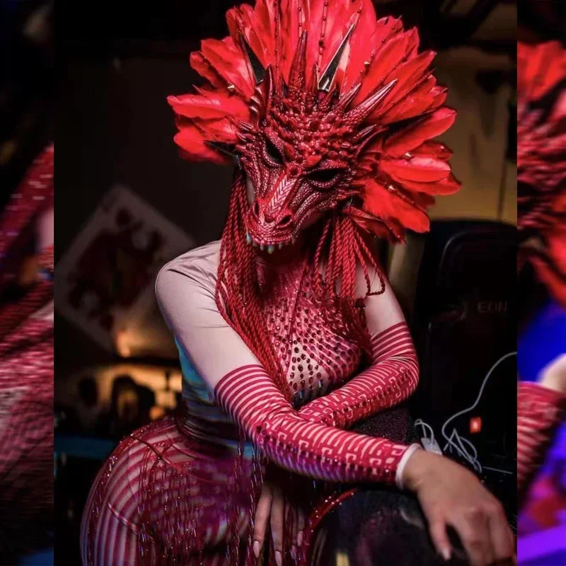 Red Feather Headress Chinese Dragon Festival Outfit Nightclub Dj Ds Gogo Dance Cosplay Costume Exaggerated Stage Costume