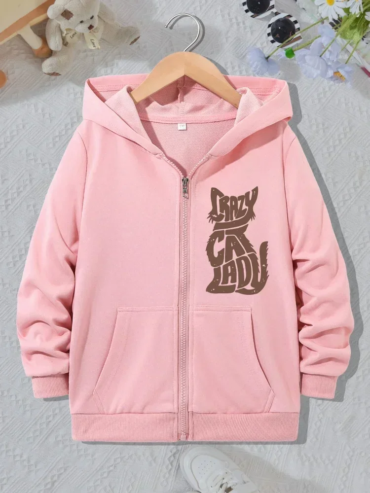 Girls Sweet Cat Shape Crazy Cat Lady Zip Hoodie Kids Long Sleeve Loose Pet Lover Casual Hooded Outer Jacket