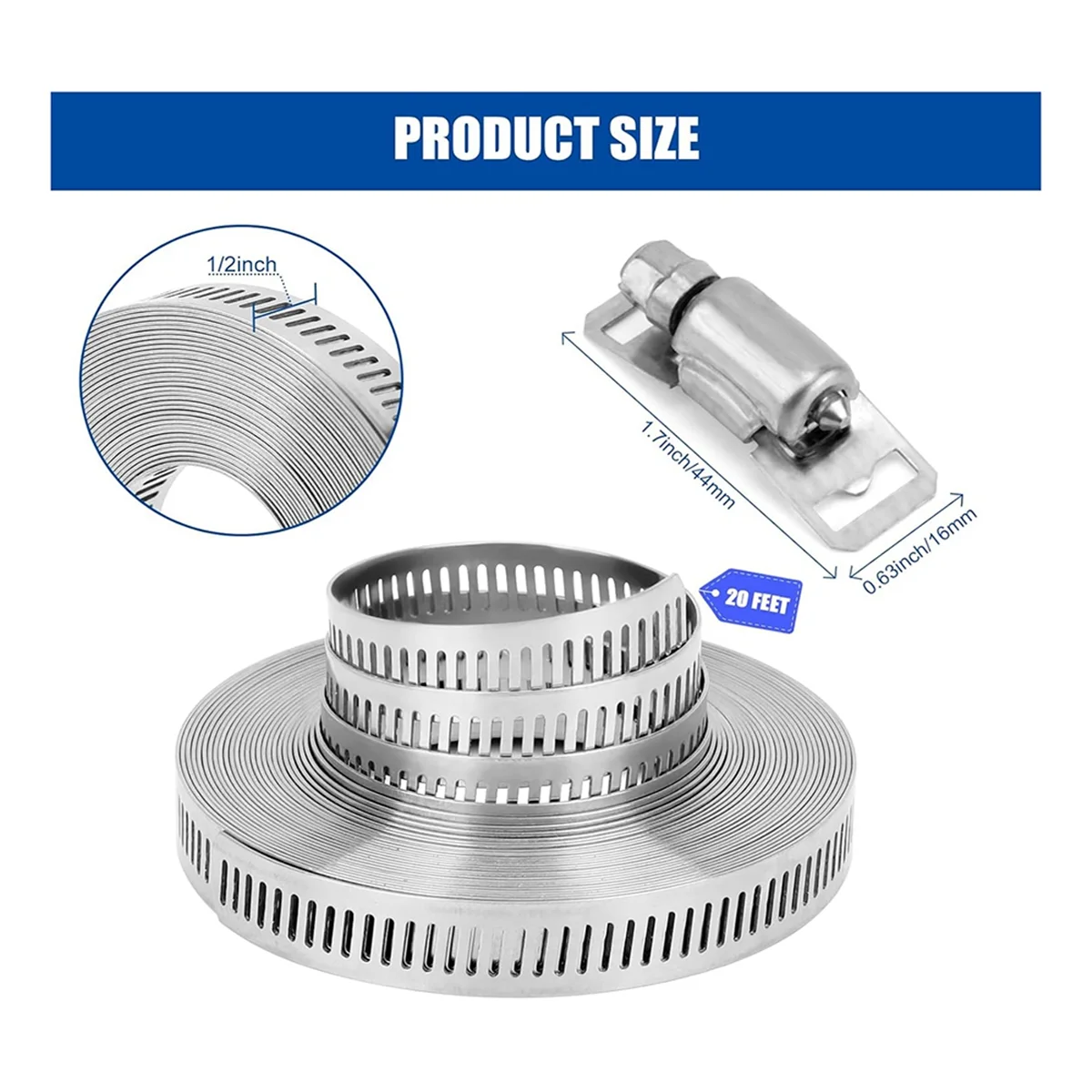 AbZJ Abrazaderas de manguera Correa de metal de 20 pies + 20 sujetadores Abrazaderas de banda de acero inoxidable cortadas para adaptarse a bricolaje Verme grande ajustable