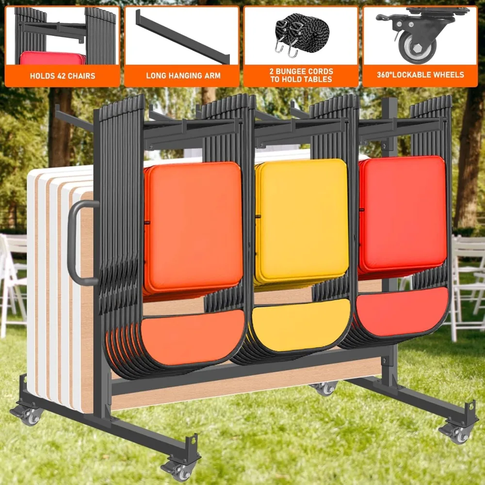 عربة تخزين قوية قابلة للطي لـ 42 كرسيًا أو 12 طاولة، سعة وزن 550 رطل، حامل كرسي معدني قوي #4