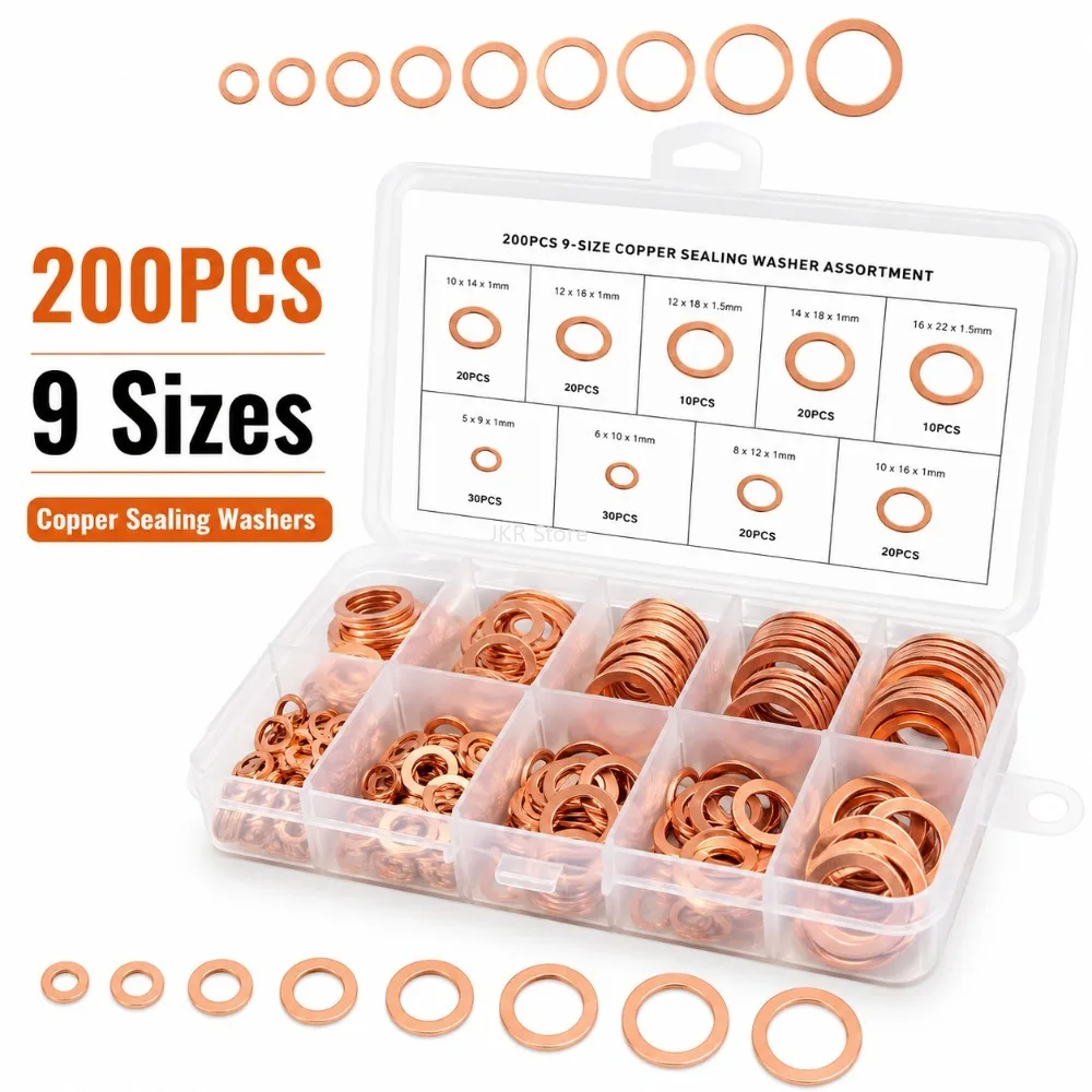 

200pcs Copper Washer Gasket Set Nut & Bolt Assorted Sizes M5/M6/M8/M10/M12/M14 with Storage Box for Sump Plug Repair