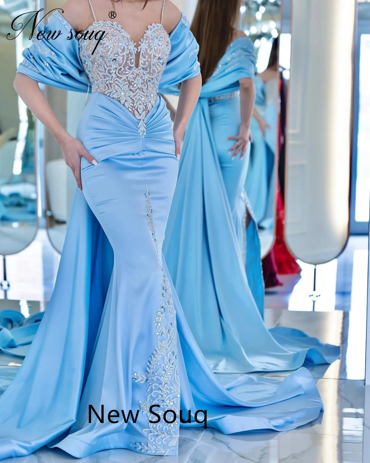 Robe de Rhsirène avec bretelles spaghetti pour femme, robe de soirée élégante, robe de Dubaï personnalisée, bleu, fête de mariage, 2023