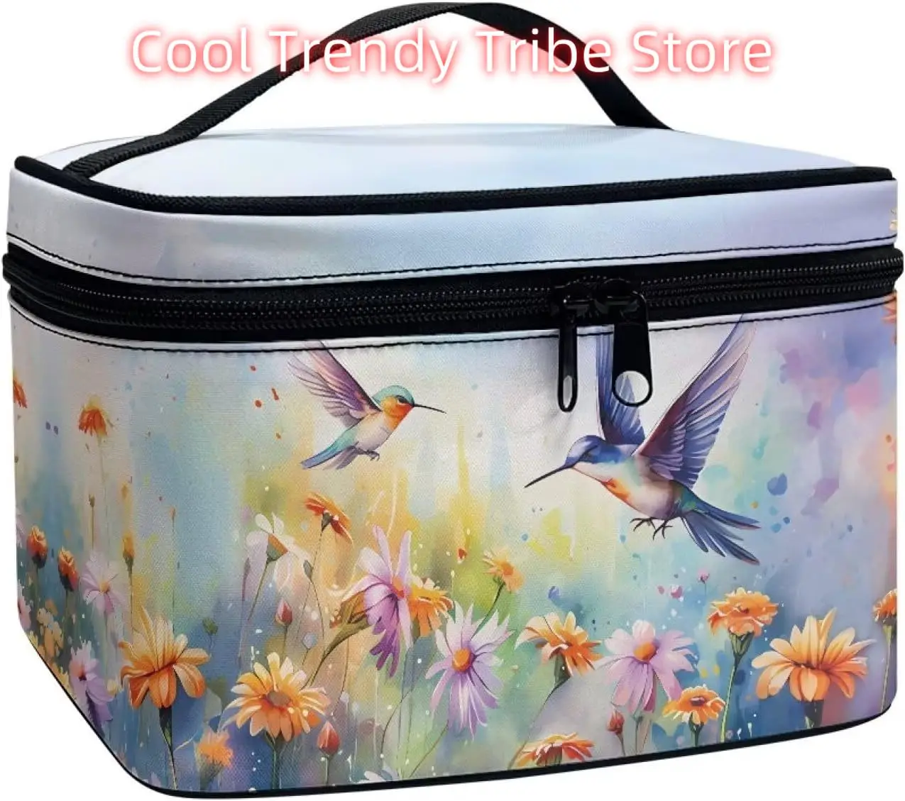

Hummingbird Vibrant Floral Pattern Travel Makeup Bag for Women Large Capacity Cosmetic Bag with Zipper and Handle Portable