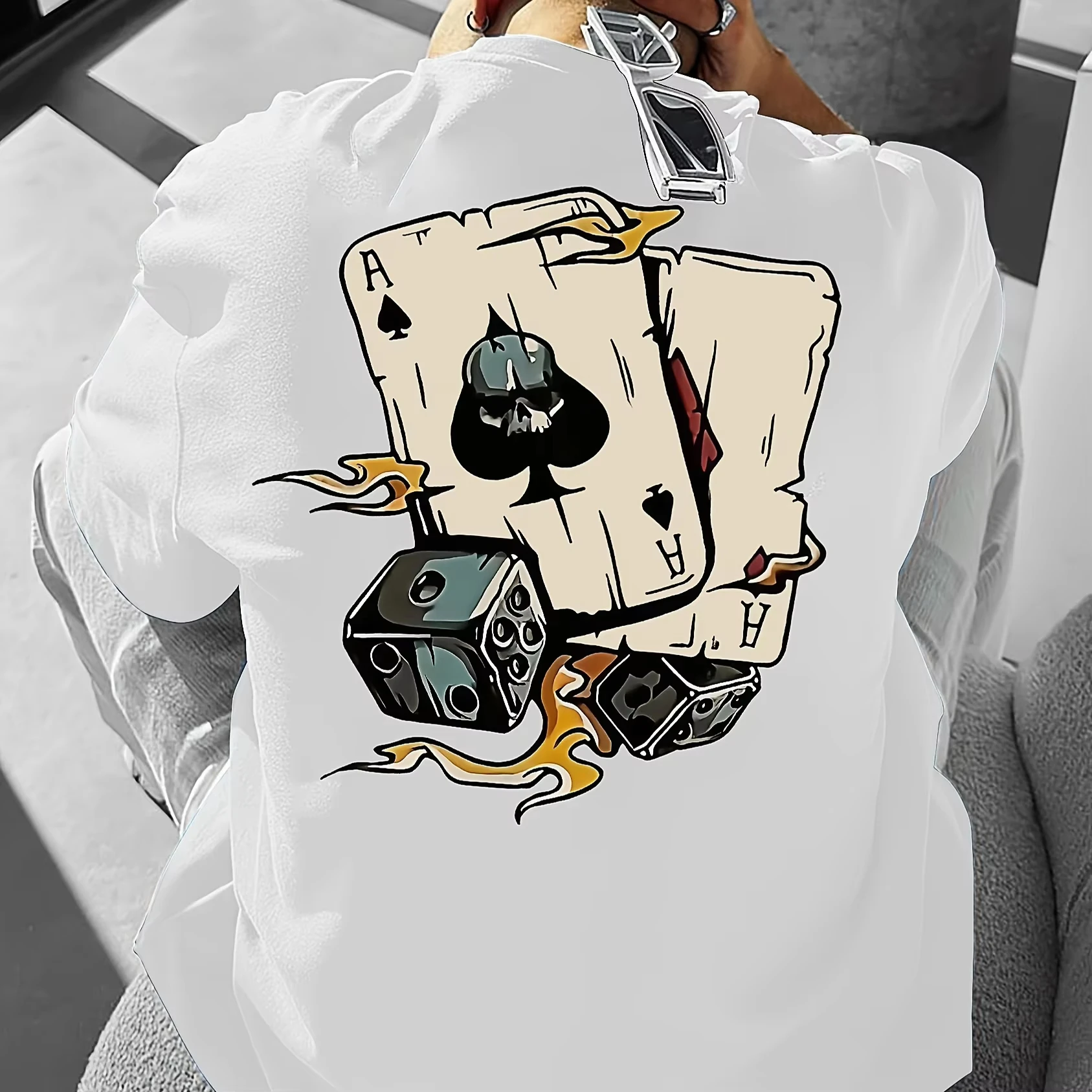 Men's Summer Cotton Stylish Casual Loose T-shirt New Arrival Vintage Retro Skull Ace Playing Card Dice Graphic Print T‑Shirt