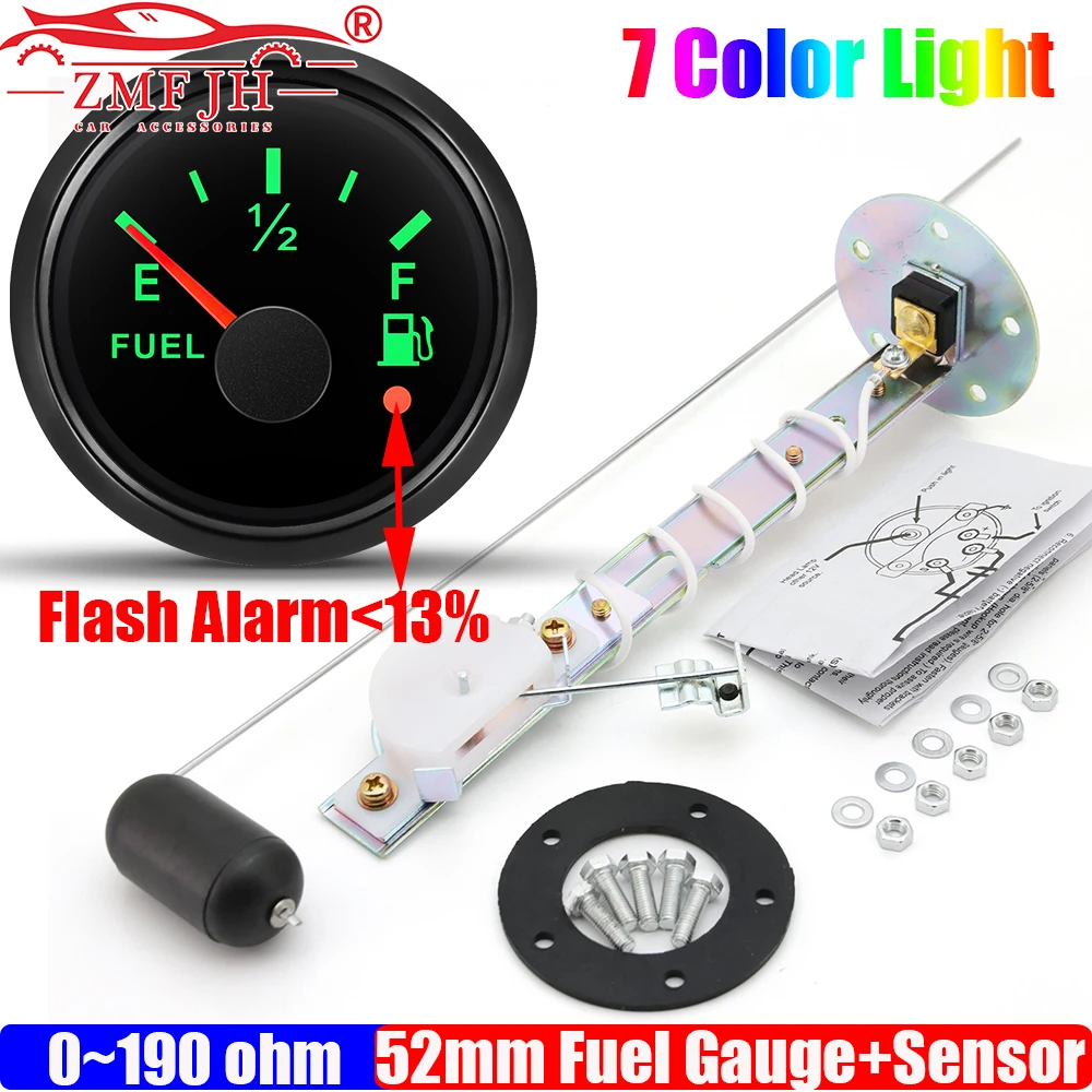 

ZMFJH Car Boat 7 Color Backlight 52MM Fuel Level Gauge with Alarm Oil Float Level Sensor 0-190ohm,0-90ohm,240-33ohm Optional