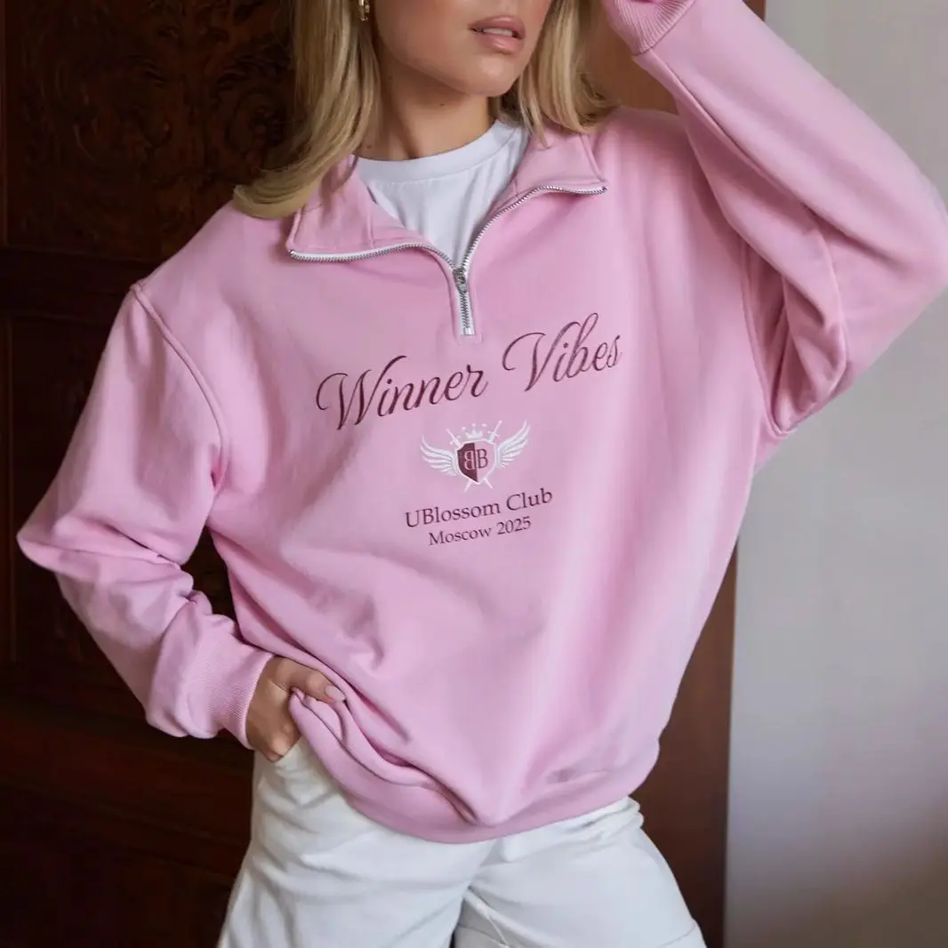 Large Size Stand Collar Zipper Lapel Shirts American Retro Sweatshirts Preppy-style Badge Printing Autumn Trendy Women White Top