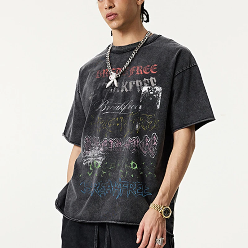 American Style Retro Mens T Shirt Summer Heavyweight Cotton Washed Shirt Casual Digital Direct Print Short Sleeve Streetwear Top