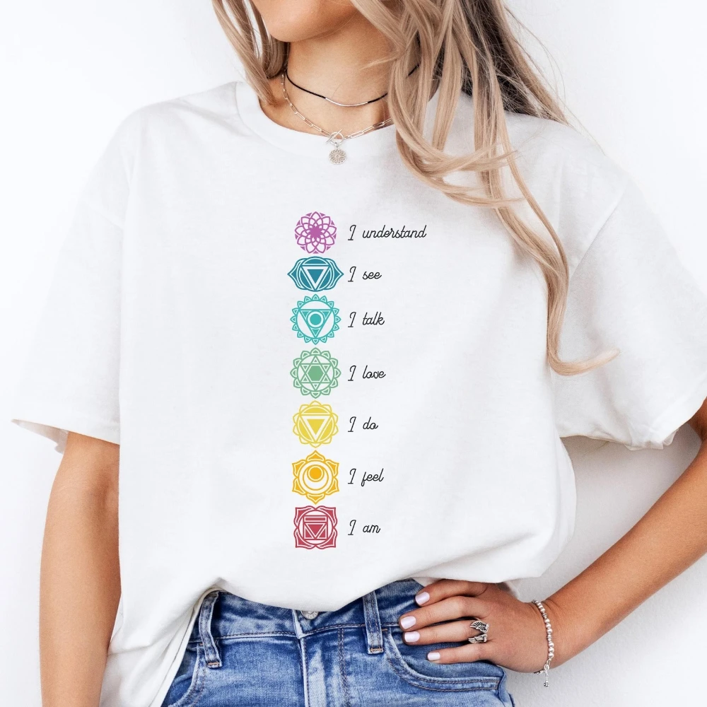 Spiritual Chakra Yoga Graphic T Shirts Women 7 Chakra Affirmations I Am I Feel Meditation Print Casual Tops Women Clothes