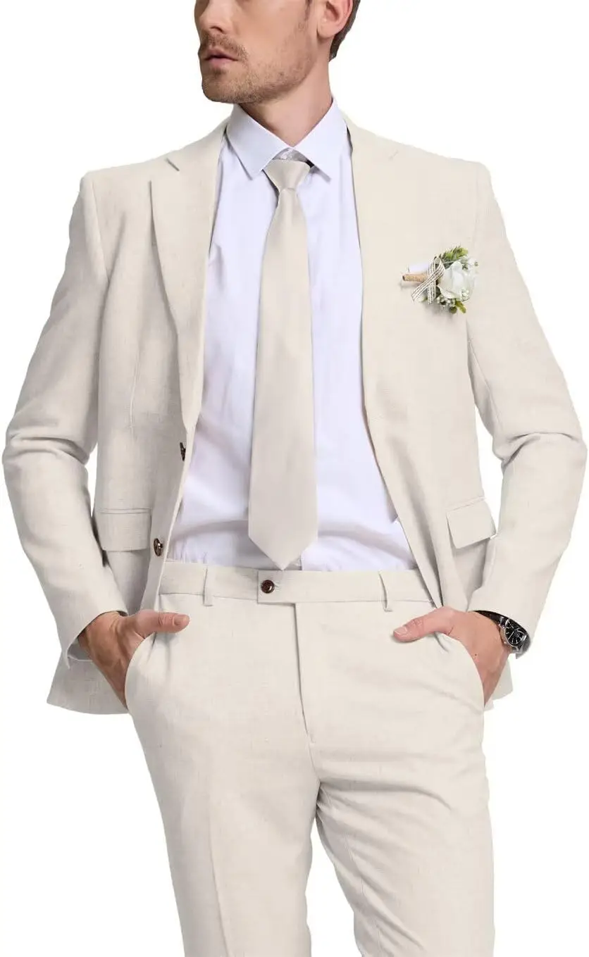 

Льняной мужской костюм, комплект из 2 предметов, приталенный легкий льняной летний костюм, смокинг, куртка, пиджак, брюки для мужчин