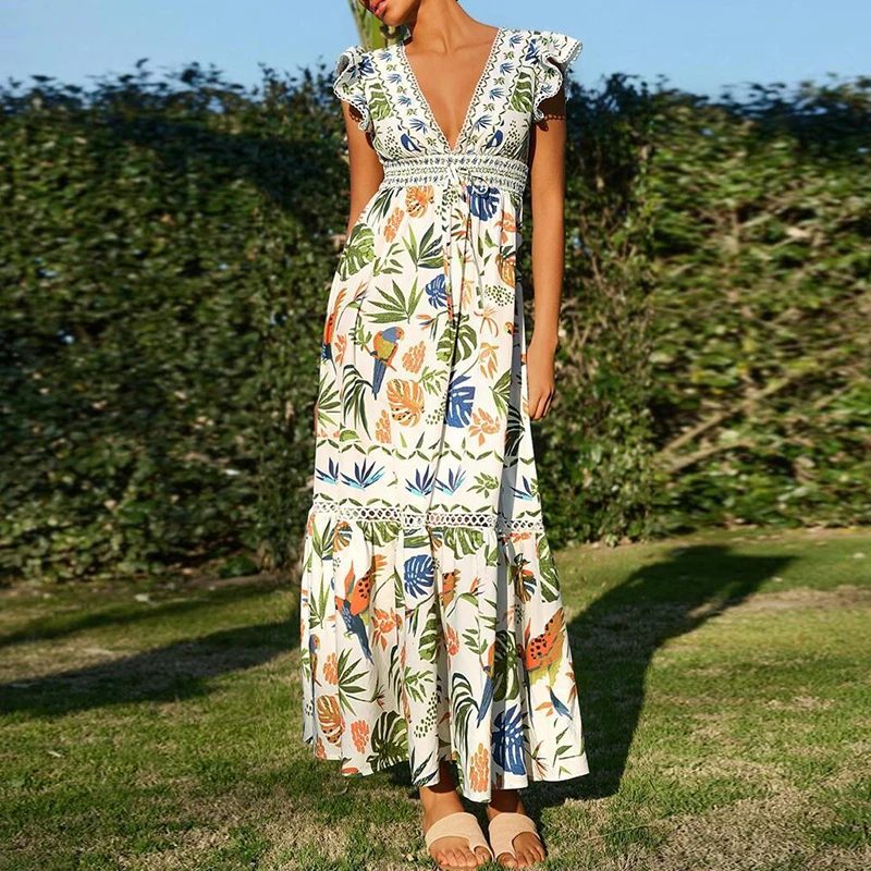 Vestido longo com estampa floral tropical, feminino, sexy, decote em v, manga plissada, vestido de férias, elegante, cintura alta, vestidos de festa plissados